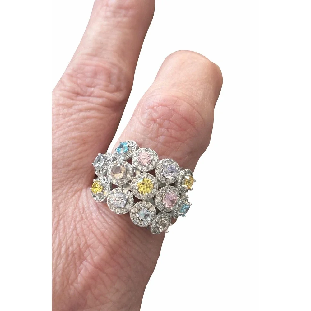 FZN 925 Sterling Pastel Multi Gemstone‎ Cluster Halo Statement Ring Sz 8.5-9